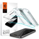 Skaidrus apsauginis stikliukas Apple Iphone 15 Pro Max Spigen Glas Tr Ez Fit 2vnt su montavimo rėmeliu ir telefonu