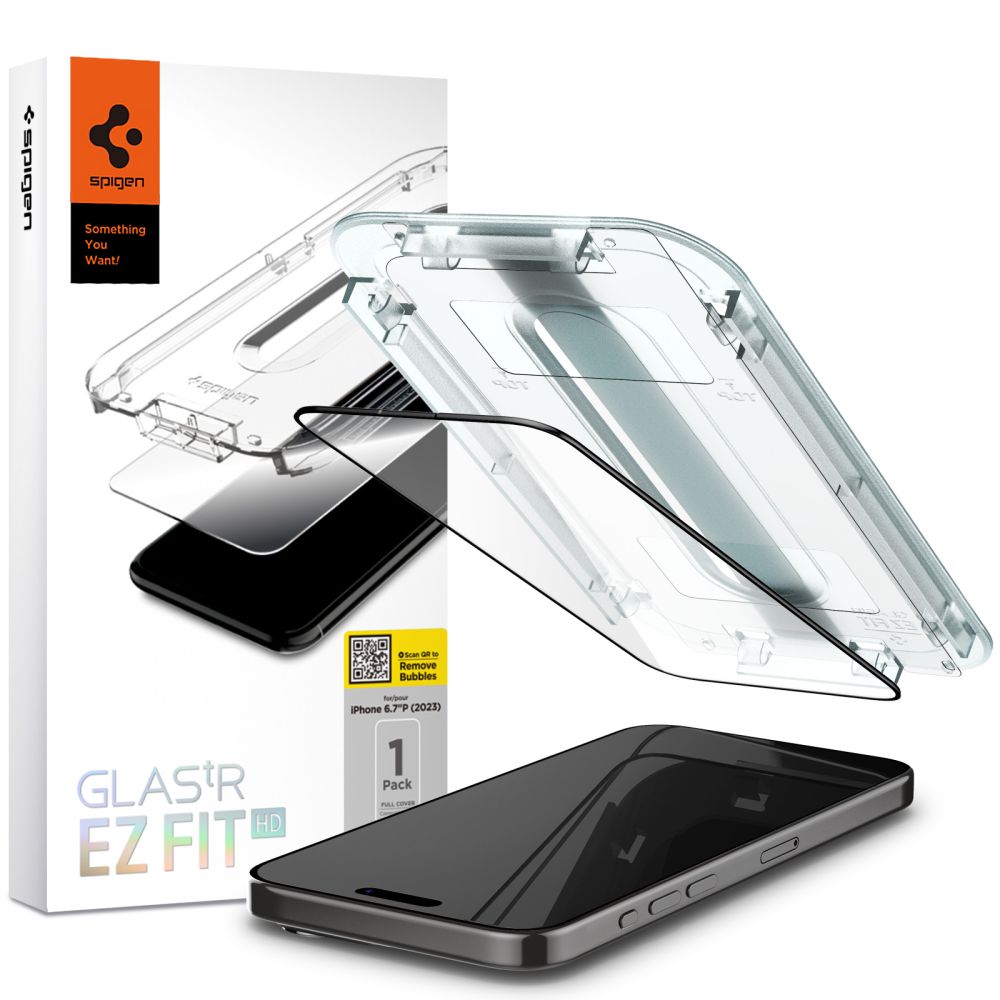 Juodas apsauginis ekrano stikliukas Apple Iphone 15 Pro Max Spigen Glass Tr Ez Fit FC Juodas apsauginis ekrano stikliukas Apple Iphone 15 Pro Max Spigen Glass Tr Ez Fit FC su montavimo rėmeliu