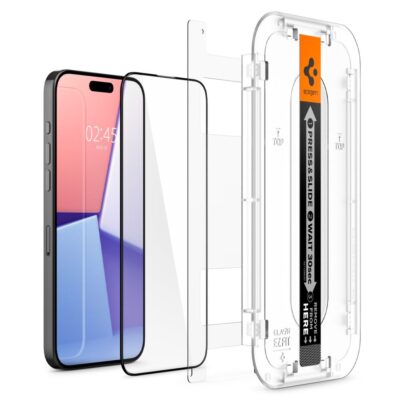 Juodas apsauginis ekrano stikliukas Apple Iphone 15 Pro Max Spigen Glass Tr Ez Fit FC su montavimo rėmeliu