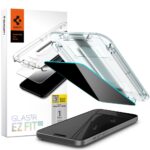 Privatumo apsauginis ekrano stikliukas Apple iPhone 15 Plus Spigen Glass Tr Ez Fit Privacy su aplikatoriaus rėmeliu