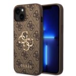 Rudas originalus dėklas Guess PU 4G Metal Logo telefonui Apple iPhone 15 su logotipu