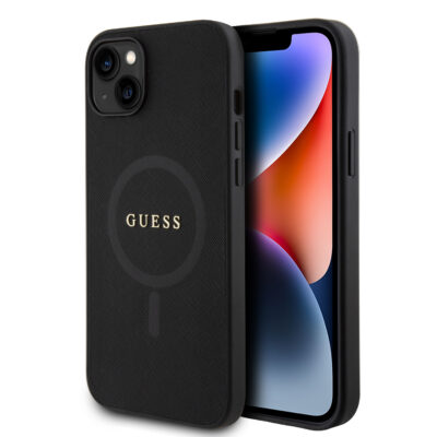 Juodas originalus dėklas Guess PU Saffiano MagSafe Apple Iphone 15 telefonui su aiškiu logotipu