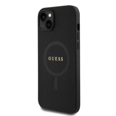 Juodas originalus dėklas Guess PU Saffiano MagSafe telefonui Apple Iphone 15 su tekstūra ir logotipu