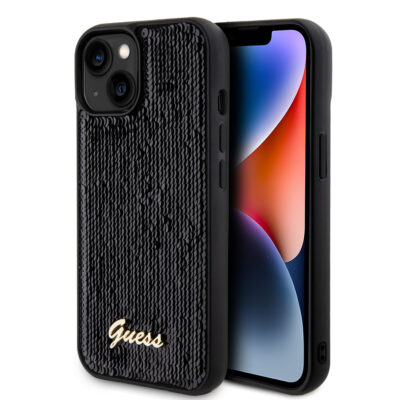 Juodas originalus dėklas su blizgančiomis juodomis akutėmis ir Guess logotipu iPhone 15 telefonui