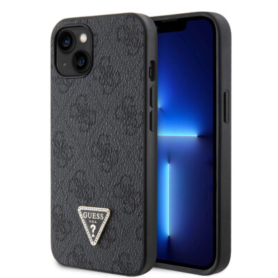 Juodas originalus dėklas Guess PU 4G Strass Triangle Metal Logo telefonui Apple iPhone 15 su tekstūruota oda ir trikampiu metalo logotipu
