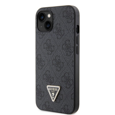 Juodas originalus dėklas Guess PU 4G Strass Triangle Metal Logo telefonui Apple iPhone 15 su tekstūruotu paviršiumi