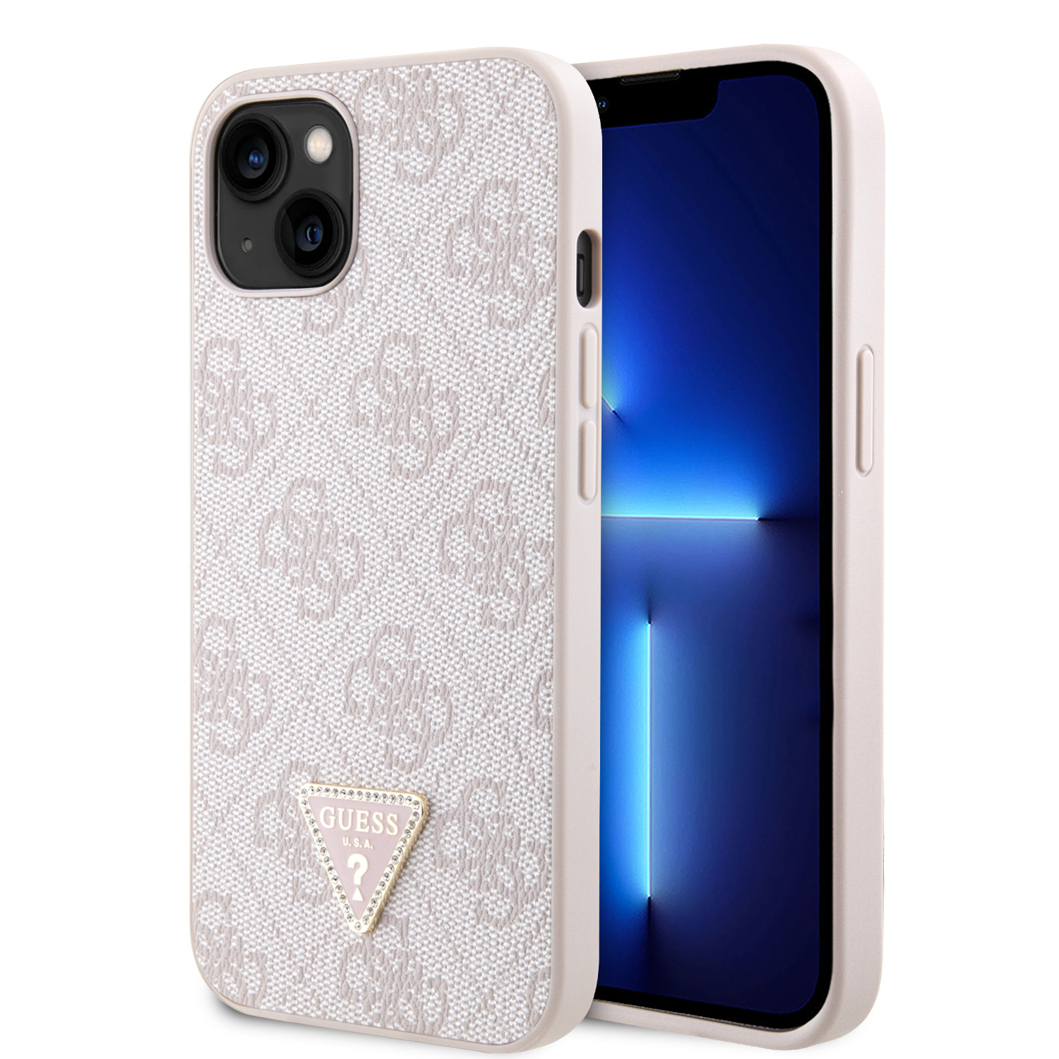 Rausvas originalus dėklas Guess PU 4G Strass Triangle Metal Logo iPhone 15 Rausvas originalus dėklas Guess PU 4G Strass Triangle Metal Logo telefonui Apple iPhone 15 su reljefiniu raštu