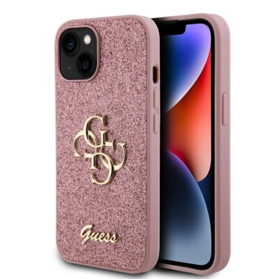 Rausvas originalus dėklas Guess PU Fixed Glitter su metaliniu logotipu Apple iPhone 15 telefonui