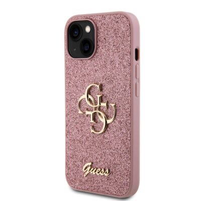 Rausvas originalus dėklas Guess PU Fixed Glitter 4G Metal Logo telefonui Apple iPhone 15 su blizgiu paviršiumi ir aukso spalvos logotipu