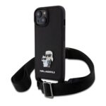 Juodas originalus dėklas Karl Lagerfeld Saffiano Crossbody Metal Karl and Choupette telefonui Apple iPhone 15 su dirželiu