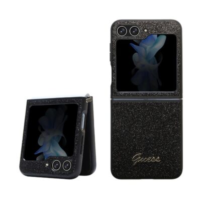 Juodas blizgantis originalus dėklas Guess PC TPU Samsung Galaxy Z Flip 5 telefono apsaugai