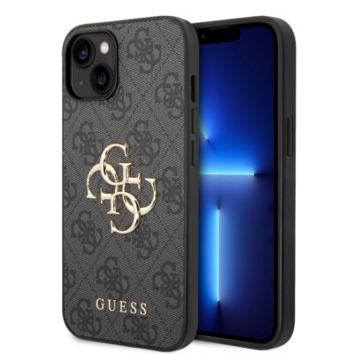 Pilkas originalus dėklas Guess PU 4G Metal Logo telefonui Apple iPhone 15 Plus su metaliniu logotipu