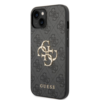 Pilkas originalus deklas Guess PU 4G Metal Logo telefonui Apple iPhone 15 Plus su auksiniu logotipu
