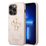 Rausvas originalus dėklas Guess PU 4G Metal Logo telefonui Apple iPhone 15 Pro su aukso spalvos logotipu
