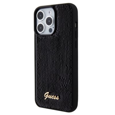 Juodas blizgantis originalus dėklas Guess Sequin Script Logo telefonui Apple iPhone 15 Pro su siūlais ir metaliniu užrašu Guess