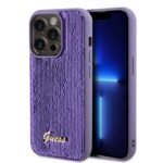 Violetinis originalus dėklas Guess Sequin Script Logo telefonui Apple iPhone 15 Pro su blizgančiais sekančiais