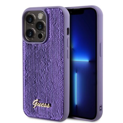 Violetinis originalus dėklas Guess Sequin Script Logo telefonui Apple iPhone 15 Pro su blizgančiais sekančiais