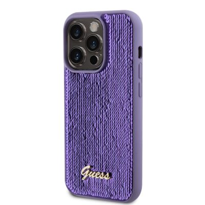 Violetinis originalus dėklas Guess Sequin Script Logo telefonui Apple iPhone 15 Pro su blizgančiomis aplikacijomis
