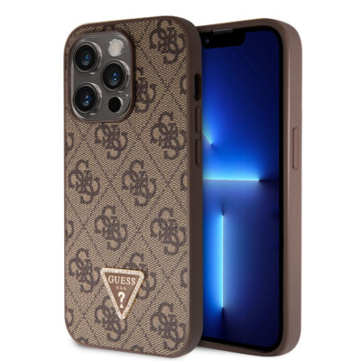 Rudas originalus dėklas Guess PU 4G Strass Triangle Metal Logo telefonui Apple iPhone 15 Pro