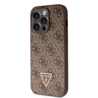 Rudas originalus dėklas Guess PU 4G Strass Triangle Metal Logo telefonui Apple iPhone 15 Pro su raštu ir trikampiu metaliniu logotipu