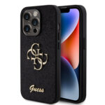 Juodas originalus deklas Guess PU Fixed Glitter 4G Metal Logo telefonui Apple iPhone 15 Pro matomas is prieksio ir galo