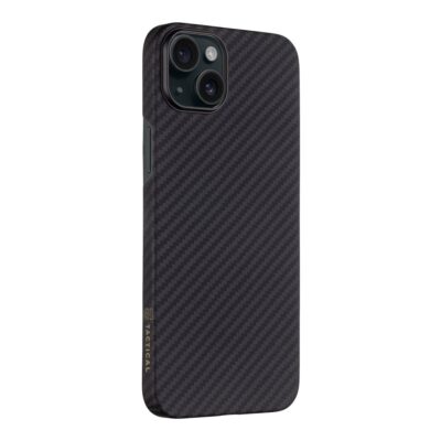 Juodas dėklas Tactical MagForce Aramid telefonui Apple iPhone 15 Plus su anglies pluošto raštu