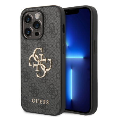 Pilkas originalus dėklas Guess PU 4G Metal Logo telefonui Apple iPhone 15 Pro Max su metaliniu logotipu