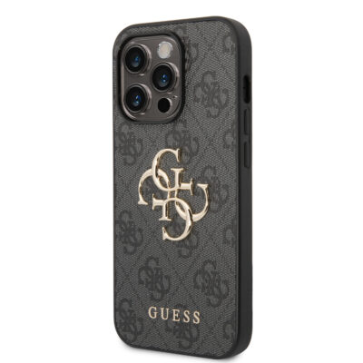 Pilkas originalus dėklas Guess PU 4G Metal Logo telefonui Apple iPhone 15 Pro Max su metaliniu logotipu ir raštu