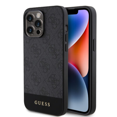 Juodas originalus dėklas Guess PU 4G Stripe MagSafe telefonui Apple iPhone 15 Pro Max su tekstūruota paviršiaus dalimi ir logotipu