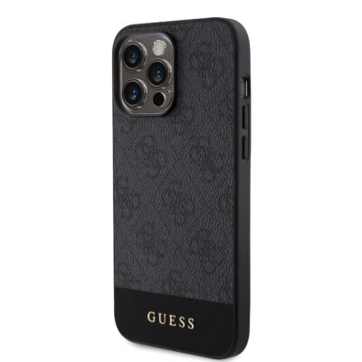 Juodas originalus dėklas Guess PU 4G Stripe MagSafe telefonui Apple iPhone 15 Pro Max su subtiliu raštu ir auksiniu logotipu