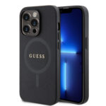 Juodas originalus dėklas Guess PU Saffiano MagSafe telefonui Apple Iphone 15 Pro Max su tekstūruota paviršiaus struktūra