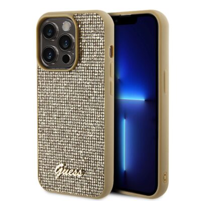 Auksinis originalus dėklas Guess PU Square Mirror Script Logo telefonui Apple iPhone 15 Pro su blizgančiais kvadratėliais
