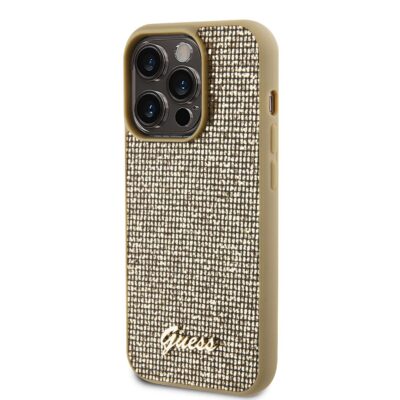 Auksinis originalus dėklas Guess PU Square Mirror Script Logo telefonui Apple iPhone 15 Pro