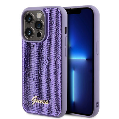 Violetinis blizgantis originalus dėklas Guess Sequin Script Logo telefonui Apple iPhone 15 Pro Max