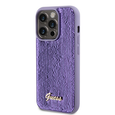 Violetinis blizgantis originalus dėklas Guess Sequin Script Logo Apple iPhone 15 Pro Max telefonui su blizgančiomis kaspinėmis
