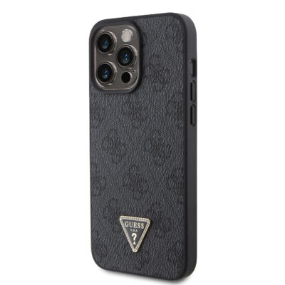 Juodas originalus dėklas Guess PU 4G Strass Triangle Metal Logo telefonui Apple iPhone 15 Pro Max su tekstūruota paviršiaus bei trikampiu metaliniu logotipu