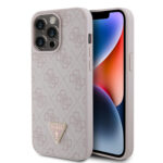 Rausvas originalus dėklas Guess PU 4G Strass Triangle Metal Logo telefonui Apple iPhone 15 Pro Max su tekstūruota paviršiaus ir trikampiu metaliniu logotipu