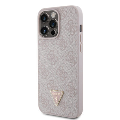 Rausvas originalus dėklas Guess PU 4G Strass Triangle Metal Logo telefonui Apple iPhone 15 Pro Max su raštu ir metaliniu logotipu