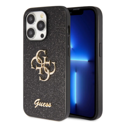 Juodas originalus dėklas Guess PU Fixed Glitter 4G Metal Logo Apple iPhone 15 Pro Max telefonui su blizgiomis detalėmis