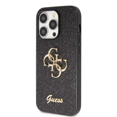 Juodas originalus dėklas Guess PU Fixed Glitter 4G Metal Logo telefonui Apple iPhone 15 Pro Max su blizgiu paviršiumi ir metaliniu logotipu