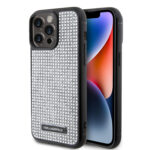 Sidabrinis originalus dėklas Karl Lagerfeld Rhinestone Plate Metal Logo Apple iPhone 15 Pro Max su blizgiais cirkoniais