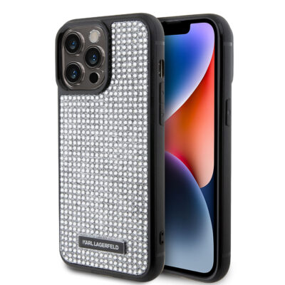 Sidabrinis originalus dėklas Karl Lagerfeld Rhinestone Plate Metal Logo Apple iPhone 15 Pro Max su blizgiais cirkoniais