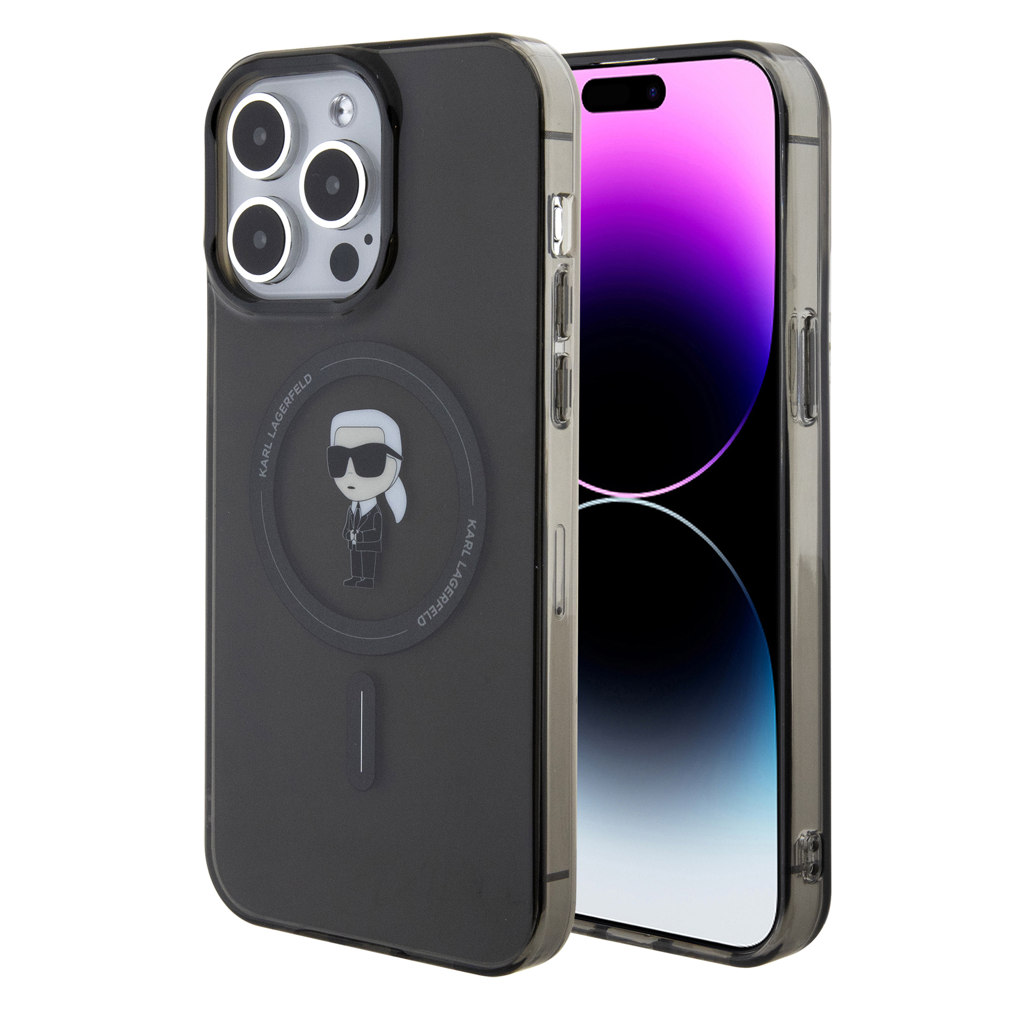 Juodas originalus dėklas Karl Lagerfeld iPhone 15 Pro Max Juodas originalus dėklas Karl Lagerfeld IML Ikonik MagSafe Apple iPhone 15 Pro Max su piktograma ir permatomu šoniniu rėmeliu