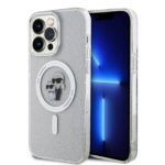 Skaidrus originalus dėklas Karl Lagerfeld IML Glitter Karl and Choupette MagSafe telefonui Apple iPhone 15 Pro Max su blizgučiais ir animaciniais herojais