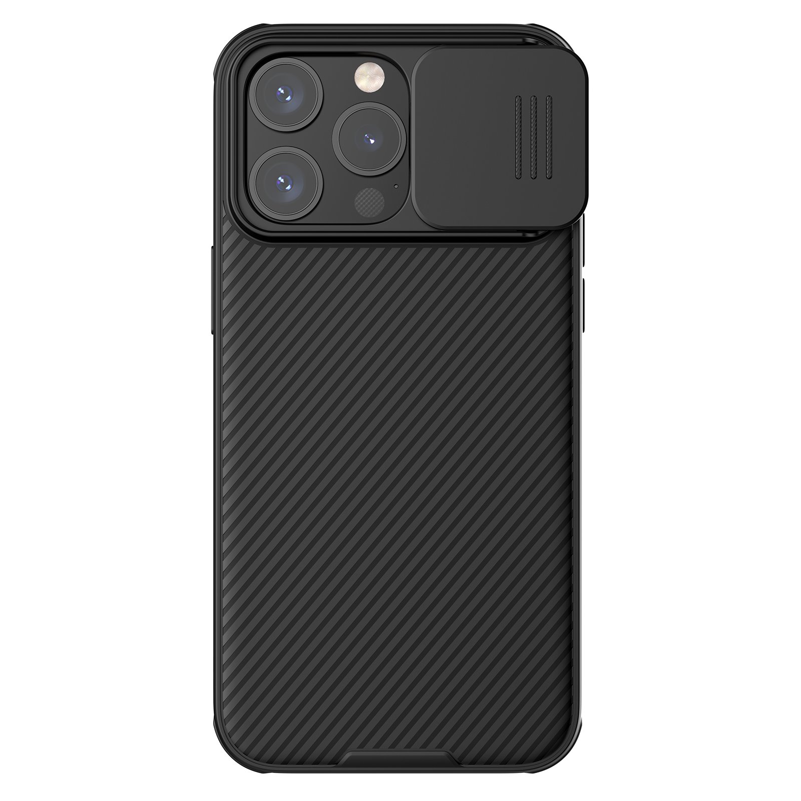 Juodas dėklas Apple iPhone 15 Pro Max Nillkin Camshield Juodas dėklas Apple iPhone 15 Pro Max su kameros apsauga ir raštuota danga