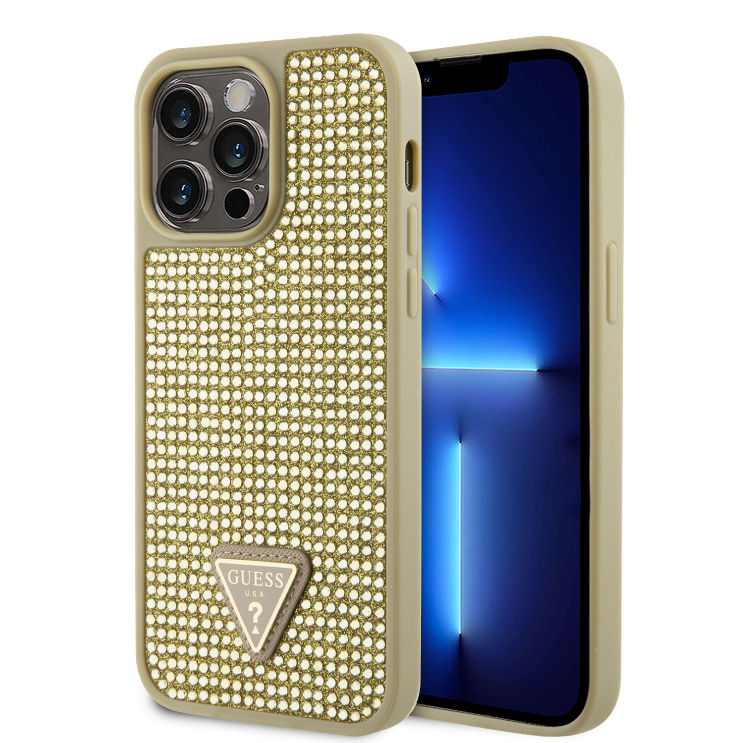 Auksinis originalus deklas Guess Rhinestones Triangle Metal Logo telefonui Apple iPhone 15 Pro Max Auksinis originalus deklas Guess Rhinestones Triangle Metal Logo telefonui Apple iPhone 15 Pro Max su blizganciomis akmenukemis ir trikampiu logo