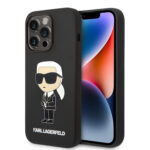 Juodas originalus dėklas Karl Lagerfeld Liquid Silicone Ikonik NFT telefonui Apple iPhone 15 Pro su ikonine Karlo Lagerfeldo figūra ir logotipu