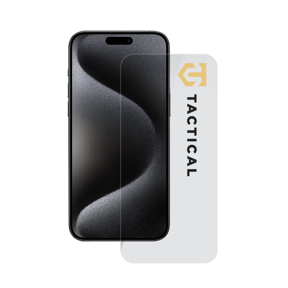 Skaidrus apsauginis stiklas Apple iPhone 15 Pro Max Tactical Glass Shield 2.5D Skaidrus apsauginis stiklas telefonui Apple iPhone 15 Pro Max Tactical Glass Shield 2.5D prie juodo telefono ekrano