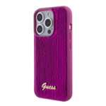 Magenta originalus deklas Guess Sequin Script Logo telefonui Apple iPhone 15 Pro Max su blizgiais sekais ir logotipu