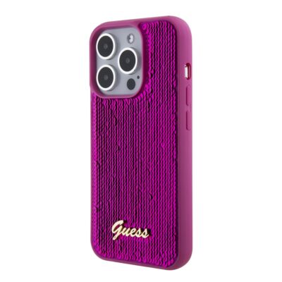 Magenta originalus deklas Guess Sequin Script Logo telefonui Apple iPhone 15 Pro Max su blizgiais sekais ir logotipu